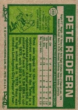 1977 Topps #249 Pete Redfern RC back image