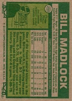 1977 Topps #250 Bill Madlock back image