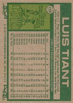 1977 Topps #258 Luis Tiant back image