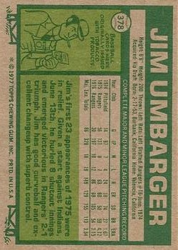 1977 Topps #378 Jim Umbarger back image