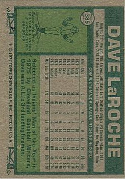 1977 Topps #385 Dave LaRoche back image