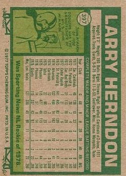 1977 Topps #397 Larry Herndon RC back image