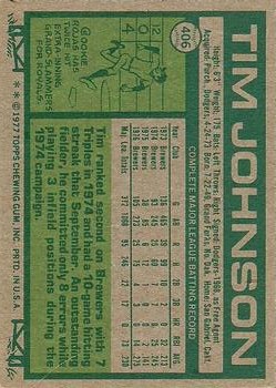 1977 Topps #406 Tim Johnson back image