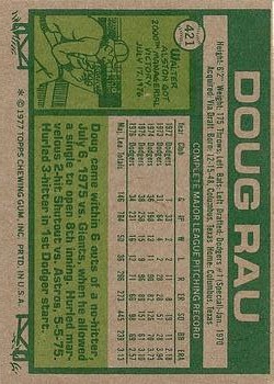 1977 Topps #421 Doug Rau back image