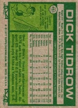 1977 Topps #461 Dick Tidrow back image
