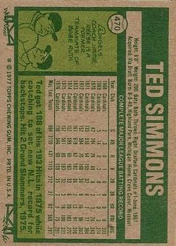 1977 Topps #470 Ted Simmons back image