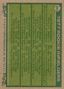1977 Topps #494 Rookie Infielders/Juan Bernhardt RC/Mike Champion RC/Jim Gantner RC/Bump Wills RC back image