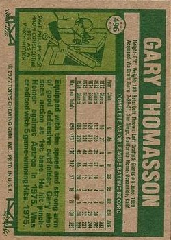 1977 Topps #496 Gary Thomasson back image