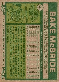 1977 Topps #516 Bake McBride back image