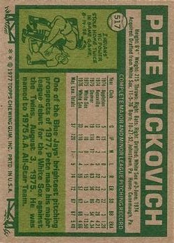 1977 Topps #517 Pete Vuckovich RC back image