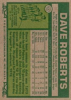 1977 Topps #537 Dave Roberts back image