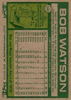1977 Topps #540 Bob Watson back image
