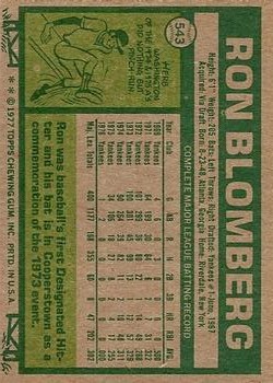 1977 Topps #543 Ron Blomberg back image