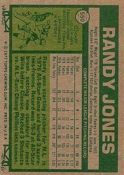 1977 Topps #550 Randy Jones back image