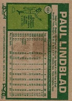 1977 Topps #583 Paul Lindblad back image
