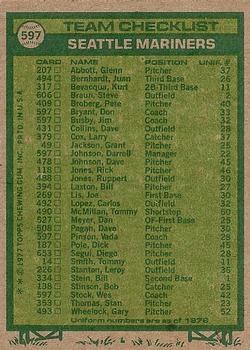 1977 Topps #597 Seattle Mariners CL/Darrell Johnson MG/Don Bryant CO/Jim Busby CO/Vada Pinson CO/Wes Stock CO back image
