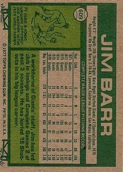 1977 Topps #609 Jim Barr back image