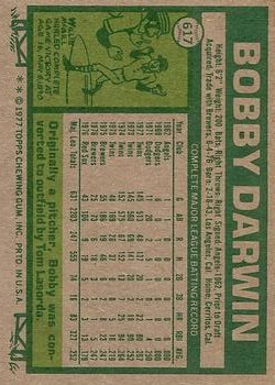 1977 Topps #617 Bobby Darwin back image