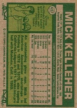 1977 Topps #657 Mick Kelleher RC back image