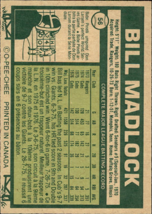 1977 O-Pee-Chee #56 Bill Madlock back image