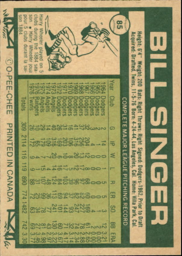 1977 O-Pee-Chee #85 Bill Singer back image