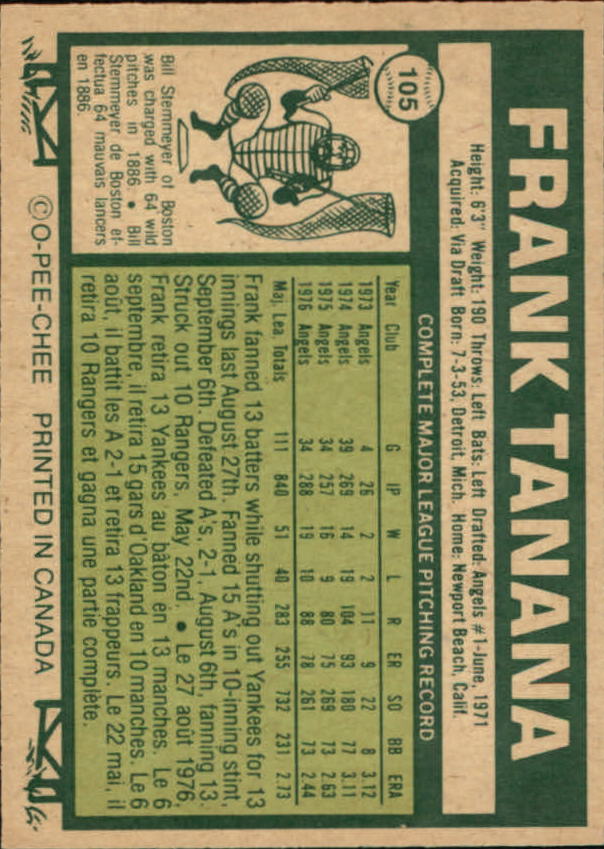 1977 O-Pee-Chee #105 Frank Tanana back image