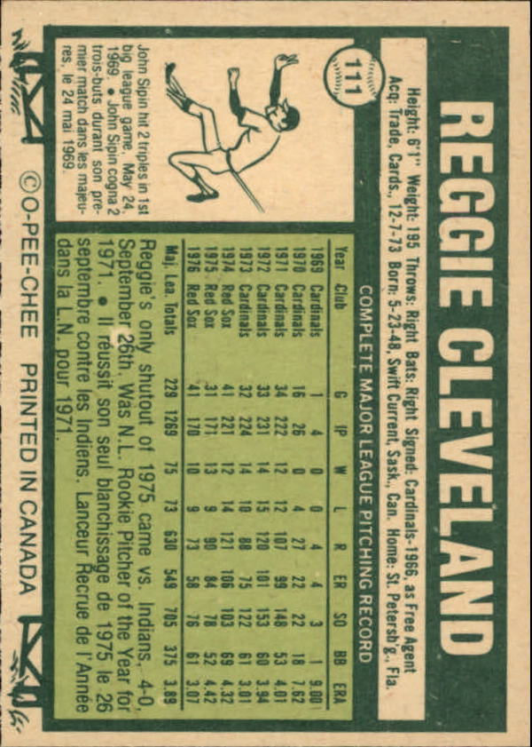 1977 O-Pee-Chee #111 Reggie Cleveland back image