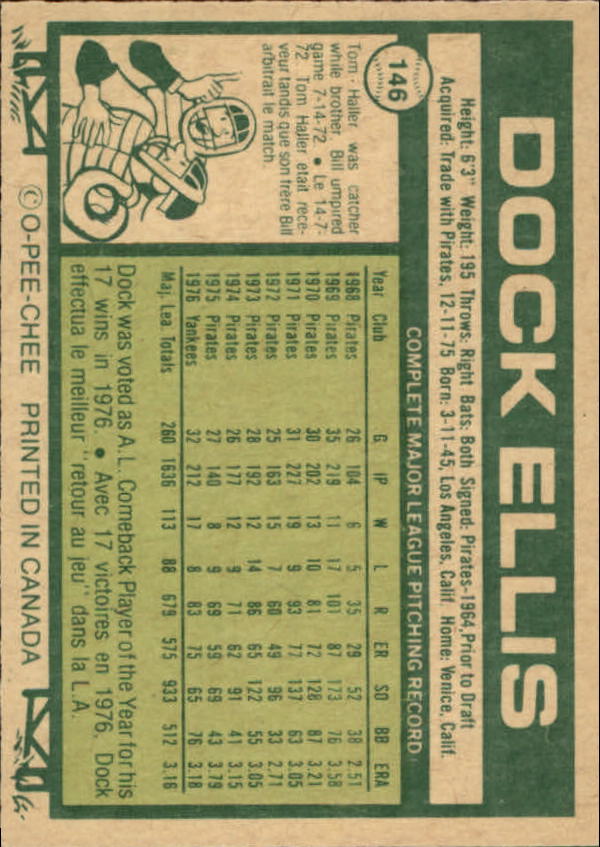 1977 O-Pee-Chee #146 Dock Ellis back image