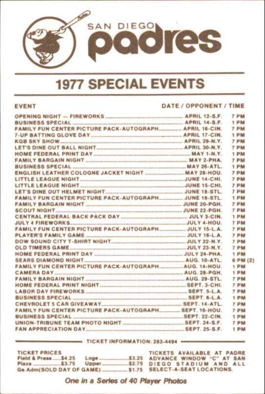 1977 Padres Schedule Cards #53 Dan Spillner back image