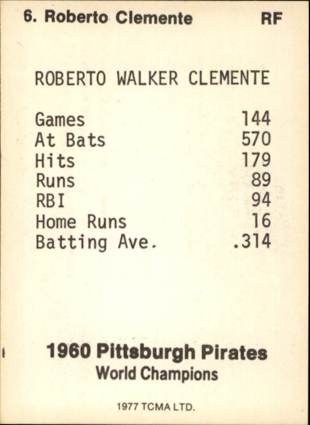 1977 Pirates 1960 World Champions TCMA #6 Roberto Clemente back image