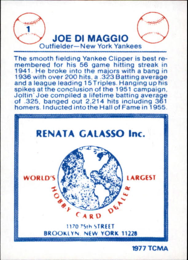 1977-84 Galasso Glossy Greats #1 Joe DiMaggio back image