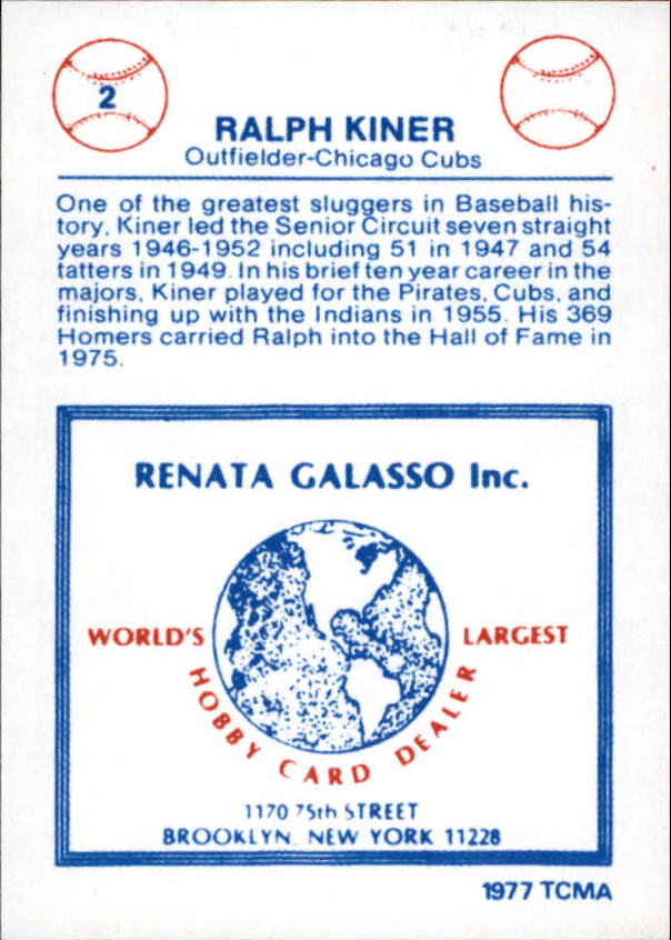 1977-84 Galasso Glossy Greats #2 Ralph Kiner back image