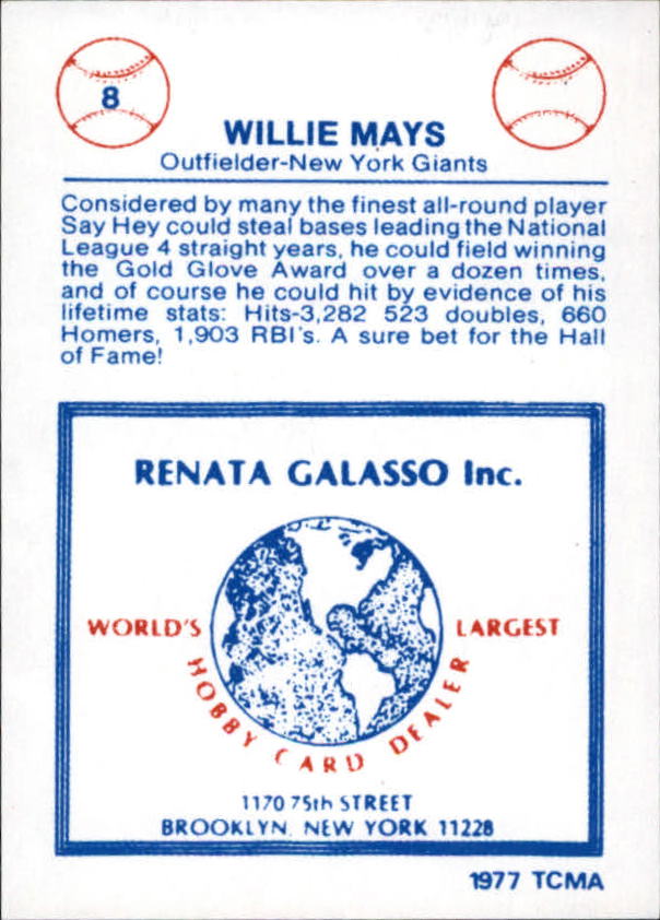 1977-84 Galasso Glossy Greats #8 Willie Mays back image