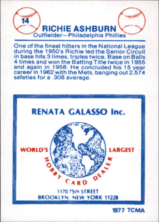 1977-84 Galasso Glossy Greats #14 Richie Ashburn back image