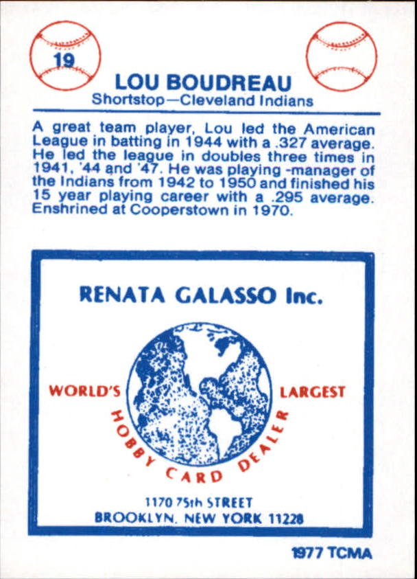 1977-84 Galasso Glossy Greats #19 Lou Boudreau back image