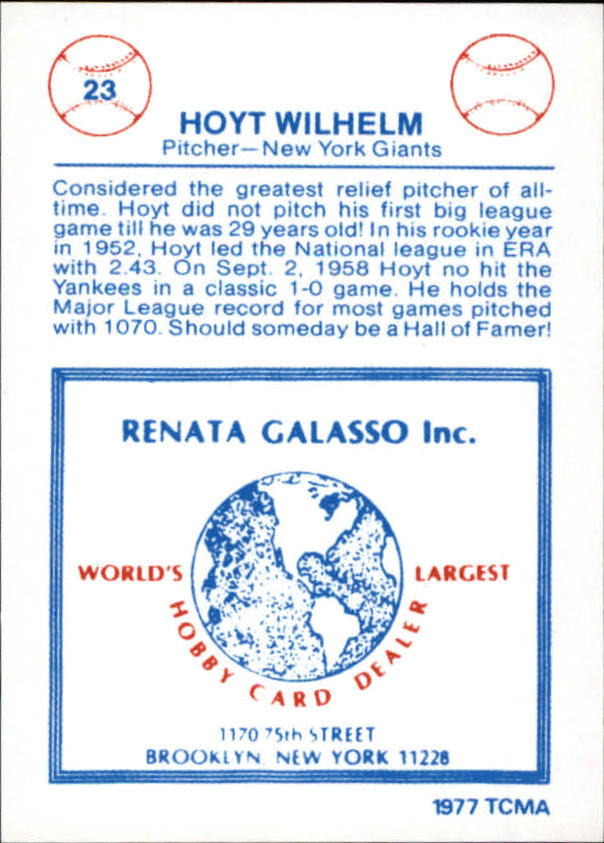 1977-84 Galasso Glossy Greats #23 Hoyt Wilhelm back image
