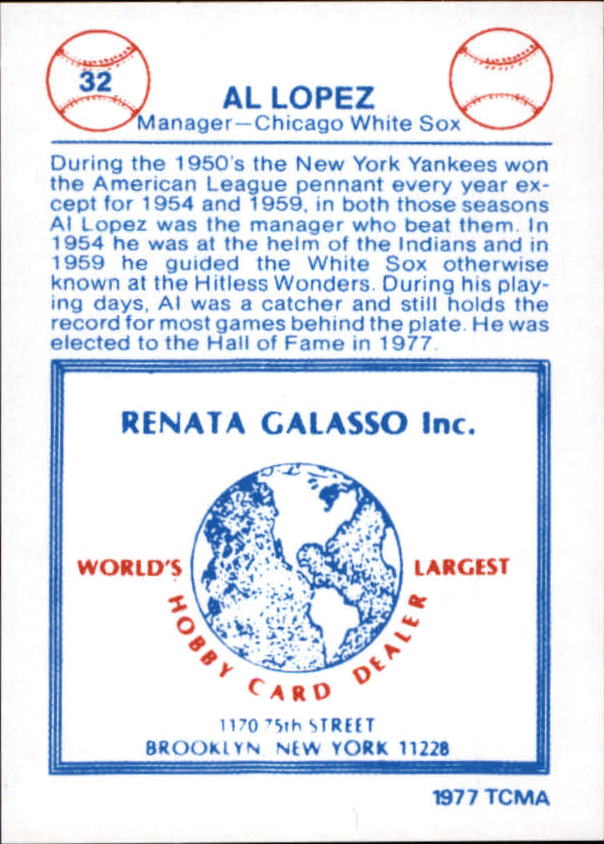 1977-84 Galasso Glossy Greats #32 Al Lopez back image