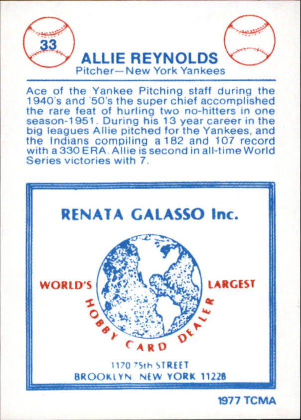 1977-84 Galasso Glossy Greats #33 Allie Reynolds back image