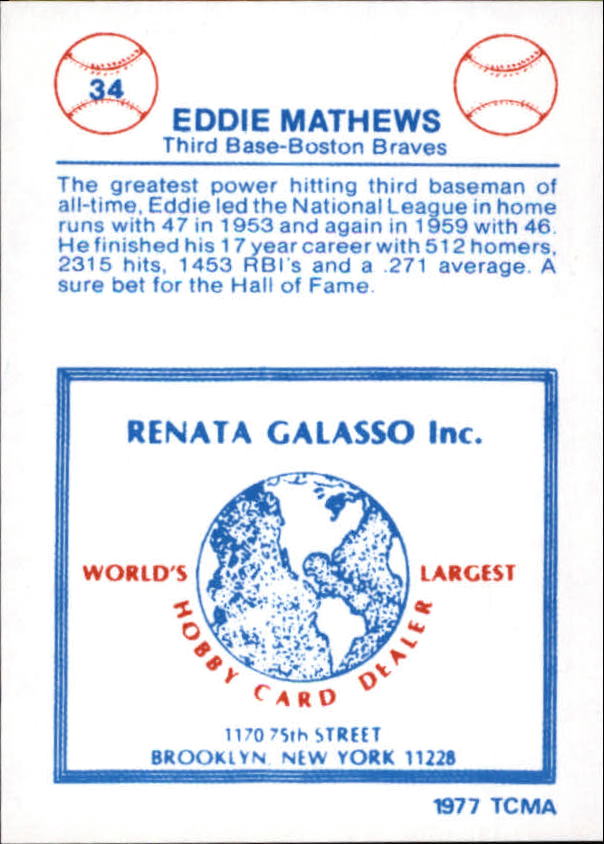 1977-84 Galasso Glossy Greats #34 Eddie Mathews back image