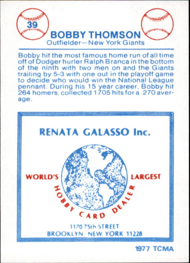 1977-84 Galasso Glossy Greats #39 Bobby Thomson back image