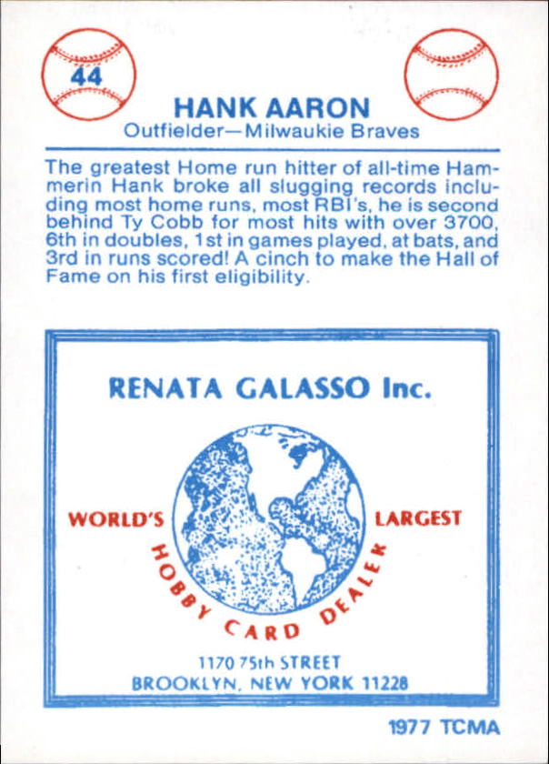 1977-84 Galasso Glossy Greats #44 Hank Aaron back image