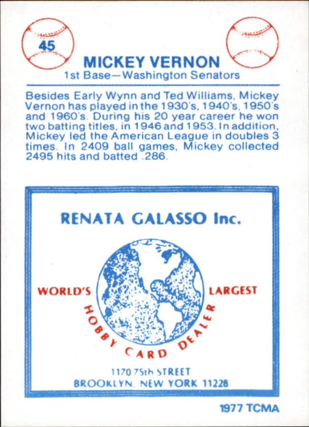 1977-84 Galasso Glossy Greats #45 Mickey Vernon back image