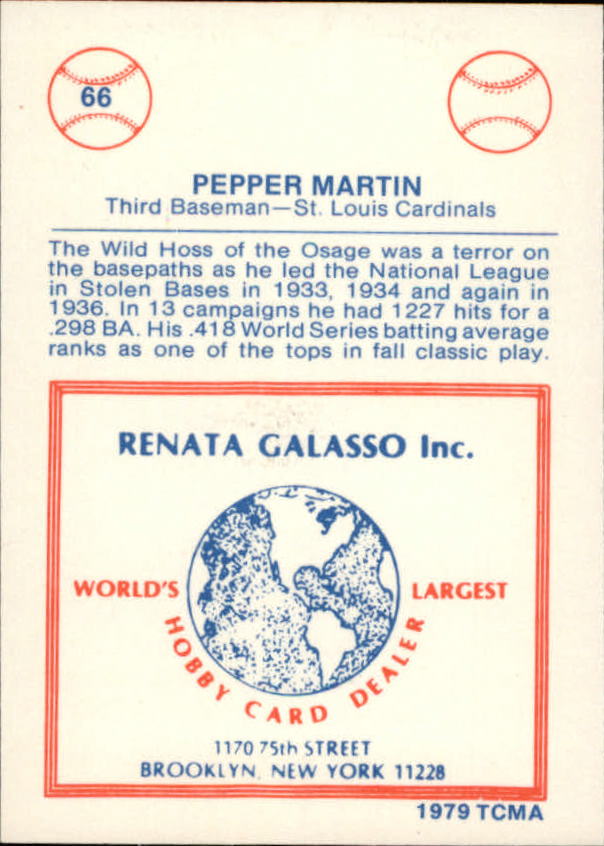 1977-84 Galasso Glossy Greats #66 Pepper Martin back image