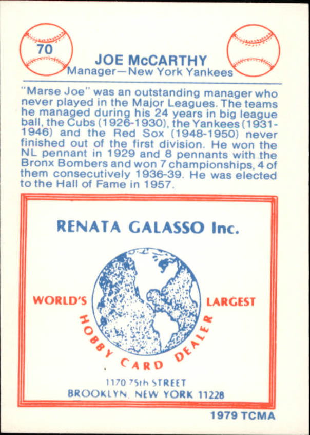1977-84 Galasso Glossy Greats #70 Joe McCarthy MG back image