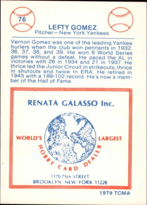 1977-84 Galasso Glossy Greats #76 Lefty Gomez back image