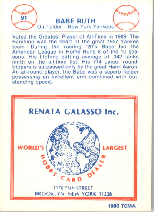 1977-84 Galasso Glossy Greats #91 Babe Ruth back image
