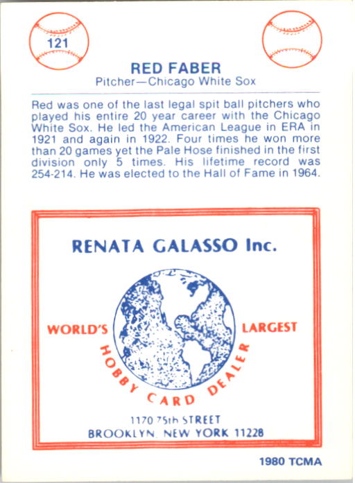 1977-84 Galasso Glossy Greats #121 Red Faber back image