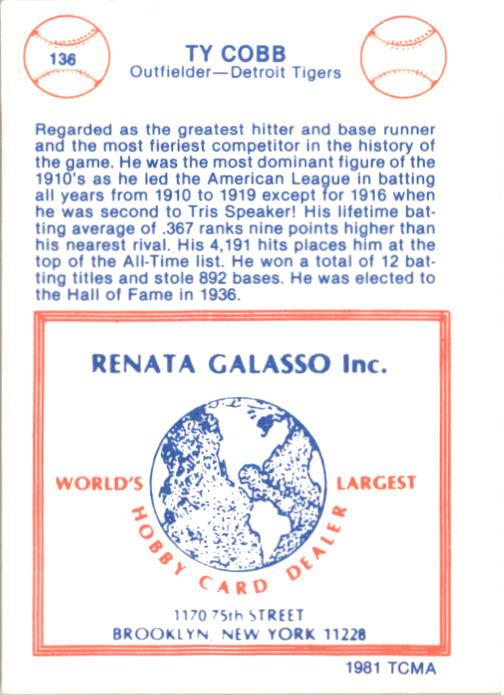 1977-84 Galasso Glossy Greats #136 Ty Cobb back image