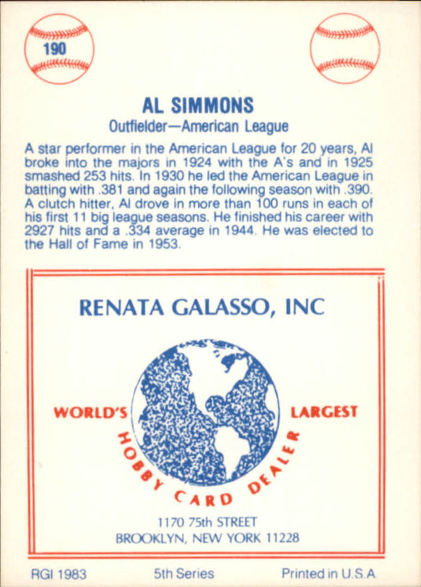 1977-84 Galasso Glossy Greats #190 Al Simmons back image