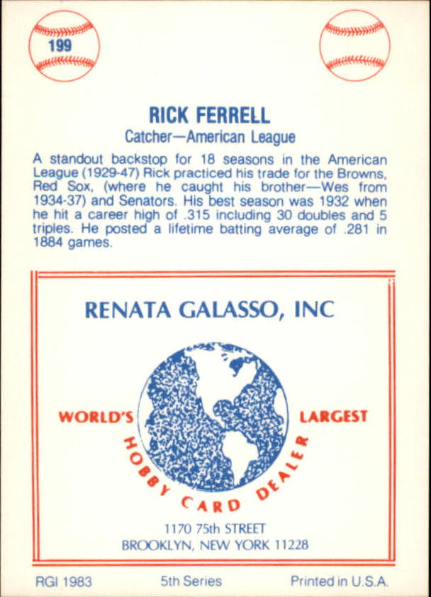 1977-84 Galasso Glossy Greats #199 Rick Ferrell back image